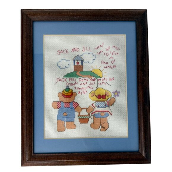 Vintage Pair Framed Cross Stitch Nursery Rhymes Twinkle Twinkle & Jack and Jill - Picture 3 of 5
